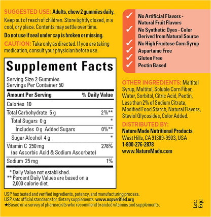 Nature Made Zero Sugar Vitamin C Gummies 250 mg, 100 Gummies (50-Day Supply)