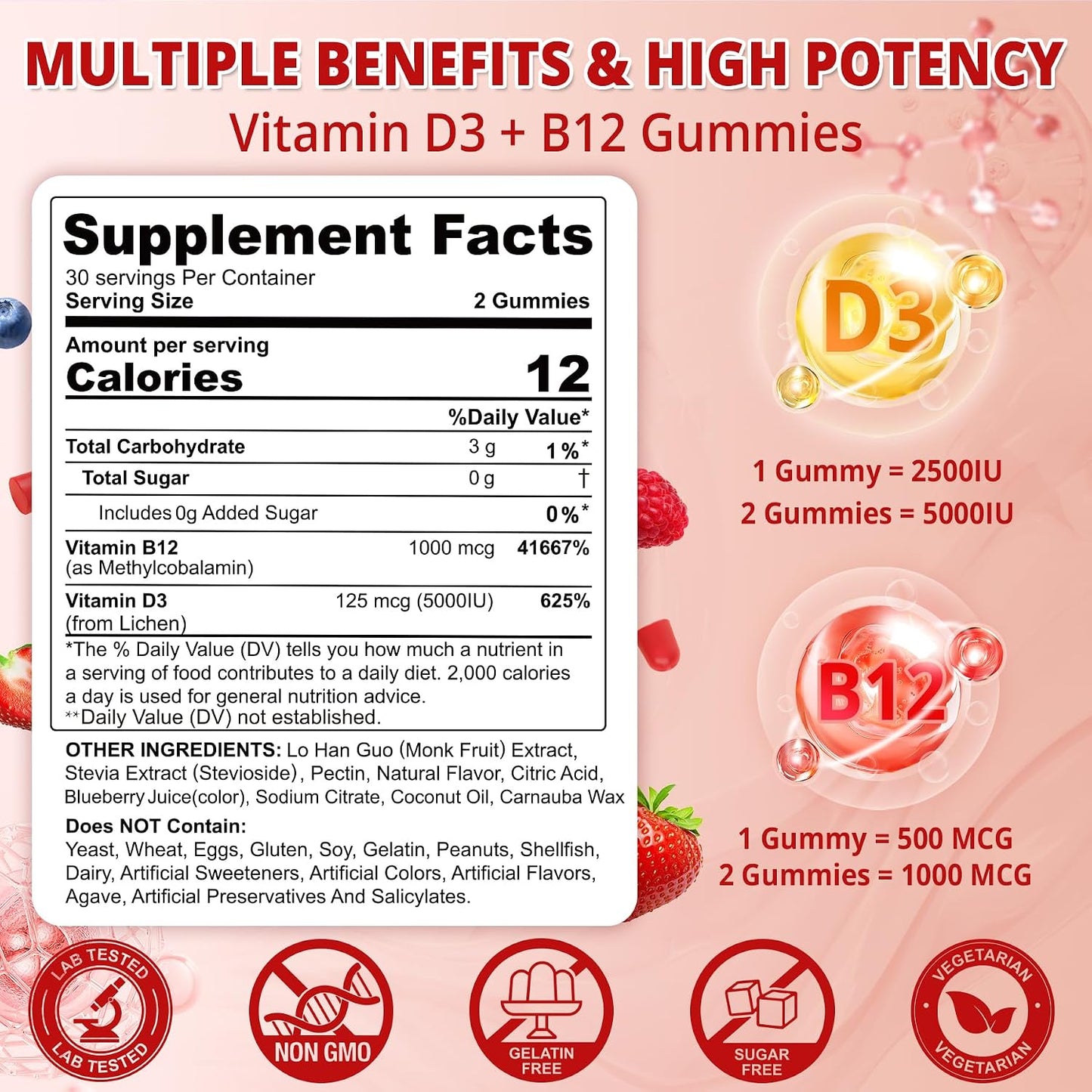 NEVISS 2-Pack Vegan Vitamin D3 + Vitamin B12 Gummies, High Potency D3 5000IU & 1000mcg Methylated B12, Vitamin D3 and B12 for Adults, Support Bone Health, Immune & Energy Supplement, 120 Count - görsel 2
