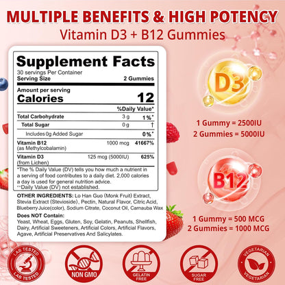 NEVISS 2-Pack Vegan Vitamin D3 + Vitamin B12 Gummies, High Potency D3 5000IU & 1000mcg Methylated B12, Vitamin D3 and B12 for Adults, Support Bone Health, Immune & Energy Supplement, 120 Count