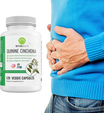 Better Health Quinine Cinchona Bark Extract Herbal Food Supplement for Digestive Comfort & Leg Cramp Relief – 500 mg (120 Capsules)