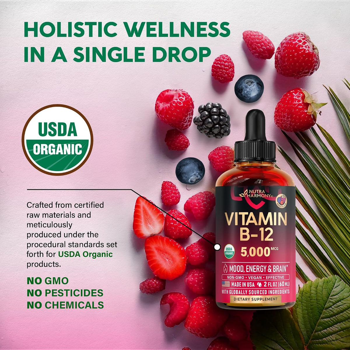 NUTRAHARMONY Organic Vitamin B12 Sublingual Drops - 5000 mcg Methylcobalamin, Natural Berry Flavour, 60 ml (2-Month Supply) - görsel 4