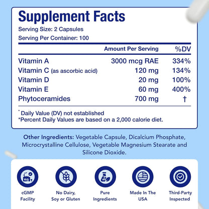 Extra Strength Phytoceramides 700mg – Plant-Based Ceramides with Vitamins A, C, D, E for Women (100 Day Supply)