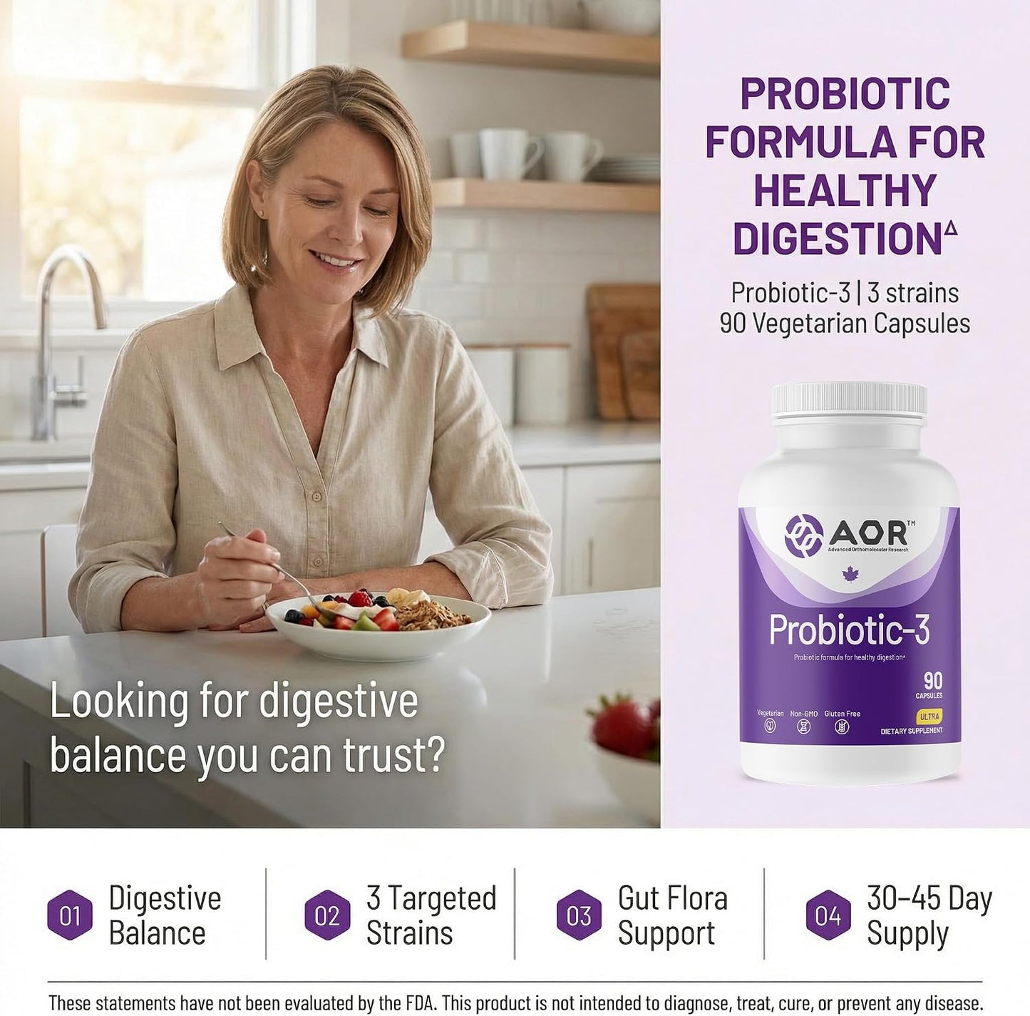 AOR Probiotic 3, 90 Capsules – Daily Digestive Balance and Gut Health - görsel 2