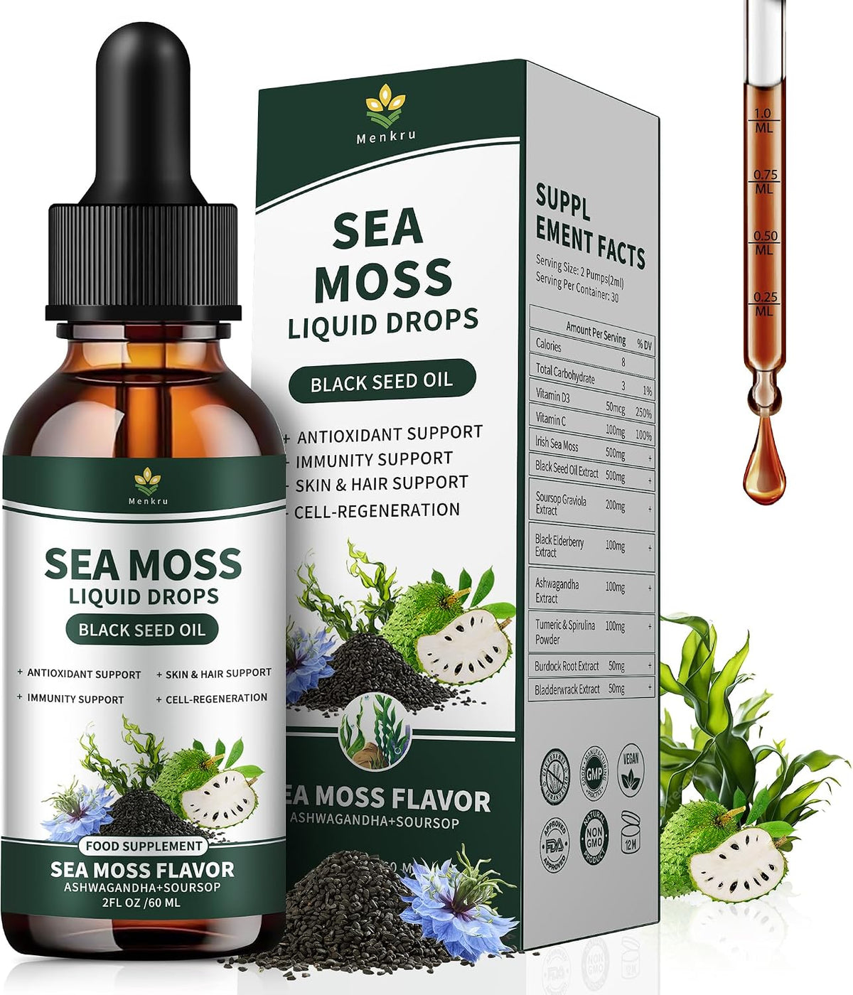 Irish Sea Moss Drops - Organic Sea Moss Liquid with Black Seed Oil, Ashwagandha & Burdock Root | Multimineral Supplement | Non-GMO, 59ml - görsel 1