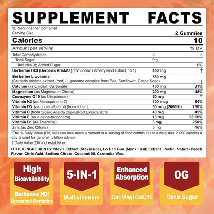LILICARE Berberine Gummies Sugar Free, Extra Absorption with Liposomal Berberine & Berberine HCI, Calcium, Magnesium, AMPK Activator, Vegan, Pack of 1