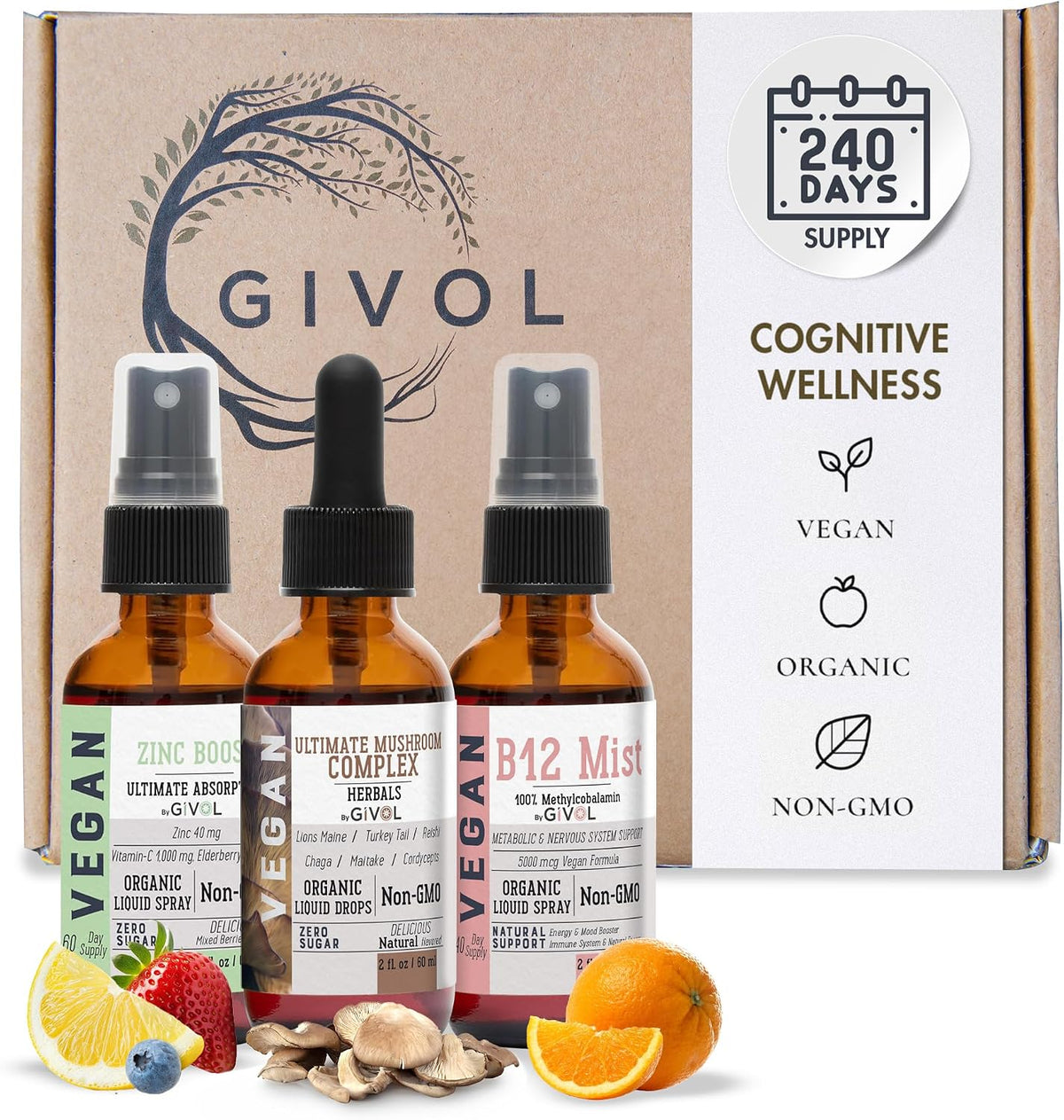 Cognitive Wellness Bundle Liquid Vitamin Trio: Methylcobalamin B12, Lion's Mane, Reishi, Chaga Mushroom Complex & Zinc – Image 1