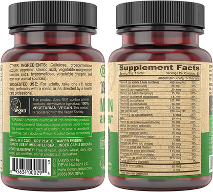 DEVA Tiny Tablets Vegan Multivitamin for Women and Men – 2-Pack with Iron and B Vitamins (180 Tablets Total)