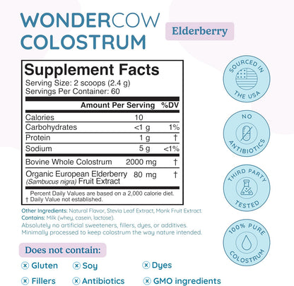 WONDERCOW Colostrum Supplement Powder – Gut Health and Immune Support, Elderberry, 60 Servings