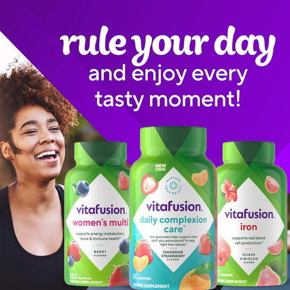 vitafusion Daily Complexion Care Gummies, Beauty Supplement for Clear Skin Support with Zinc Gluconate, Vitamins E & C, Tangerine Strawberry Flavour, 60 Count