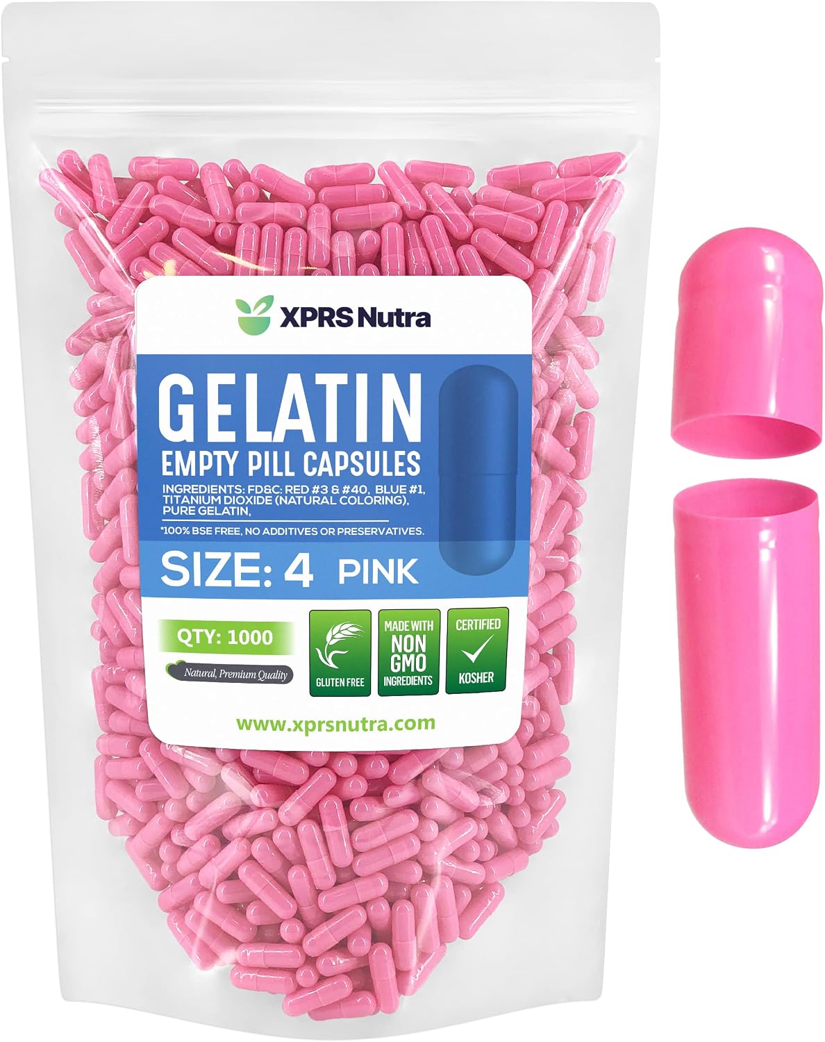 XPRS Nutra Size 4 Empty Capsules - 1000 Count Small Empty Gelatine Capsules (Pink) - görsel 1