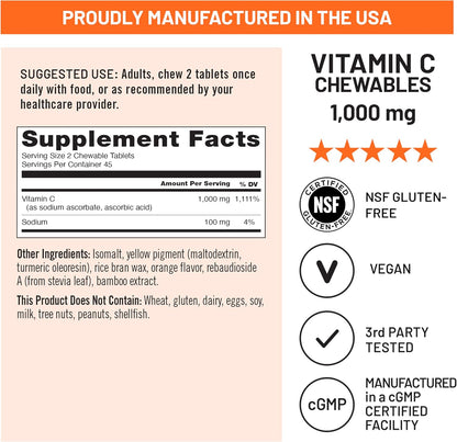 NatureWise Extra Strength Vitamin C Chewable 1000mg - Natural Orange Flavour - 90 Chewable Tablets