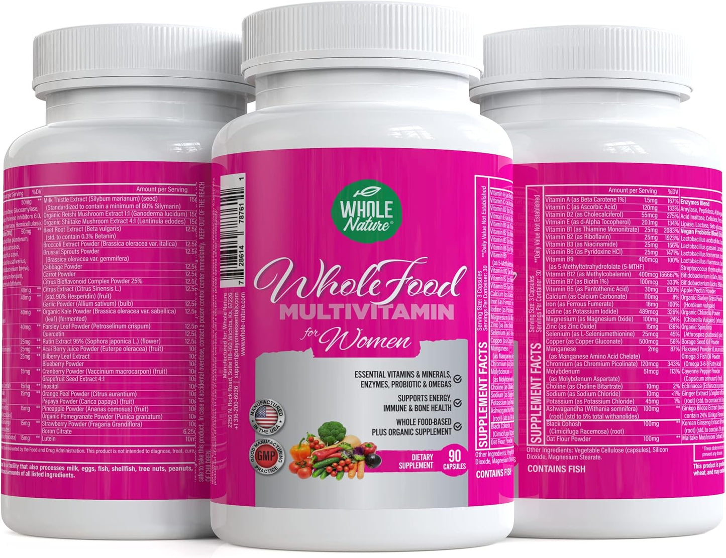 Whole Nature Whole Food Multivitamin for Women - Vegan, Non-GM, with Folate, B12, Probiotics & Omegas (90 Capsules) - görsel 5