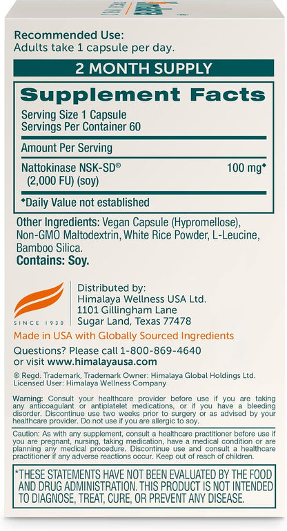 Himalaya NSK-SD Nattokinase, Food Supplement for Healthy Circulation, Vegan, Gluten-free Natto Extract, 100 mg, 60 Capsules