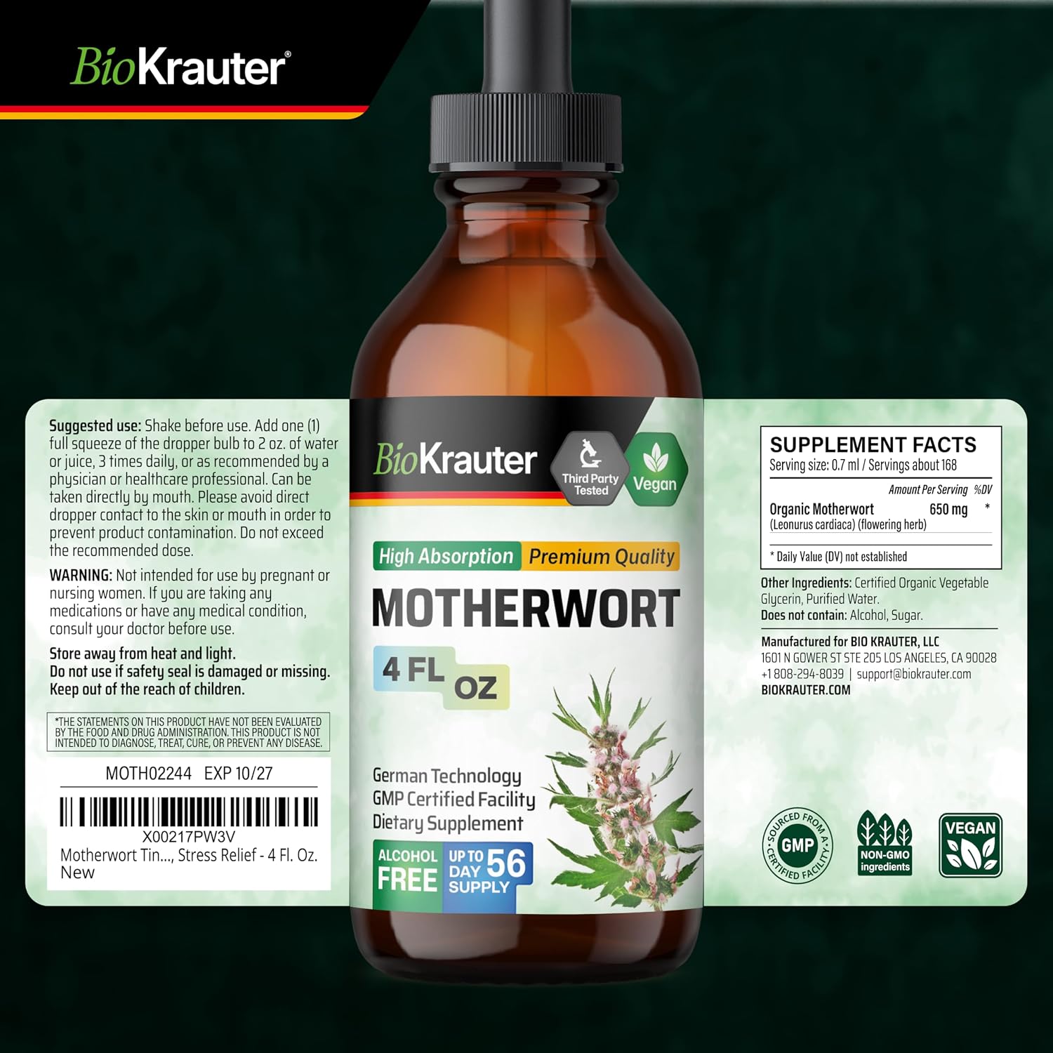 BIO KRAUTER Perimenopause & Menopause Supplements for Women - Vegan Motherwort Tincture 118 ml - görsel 9