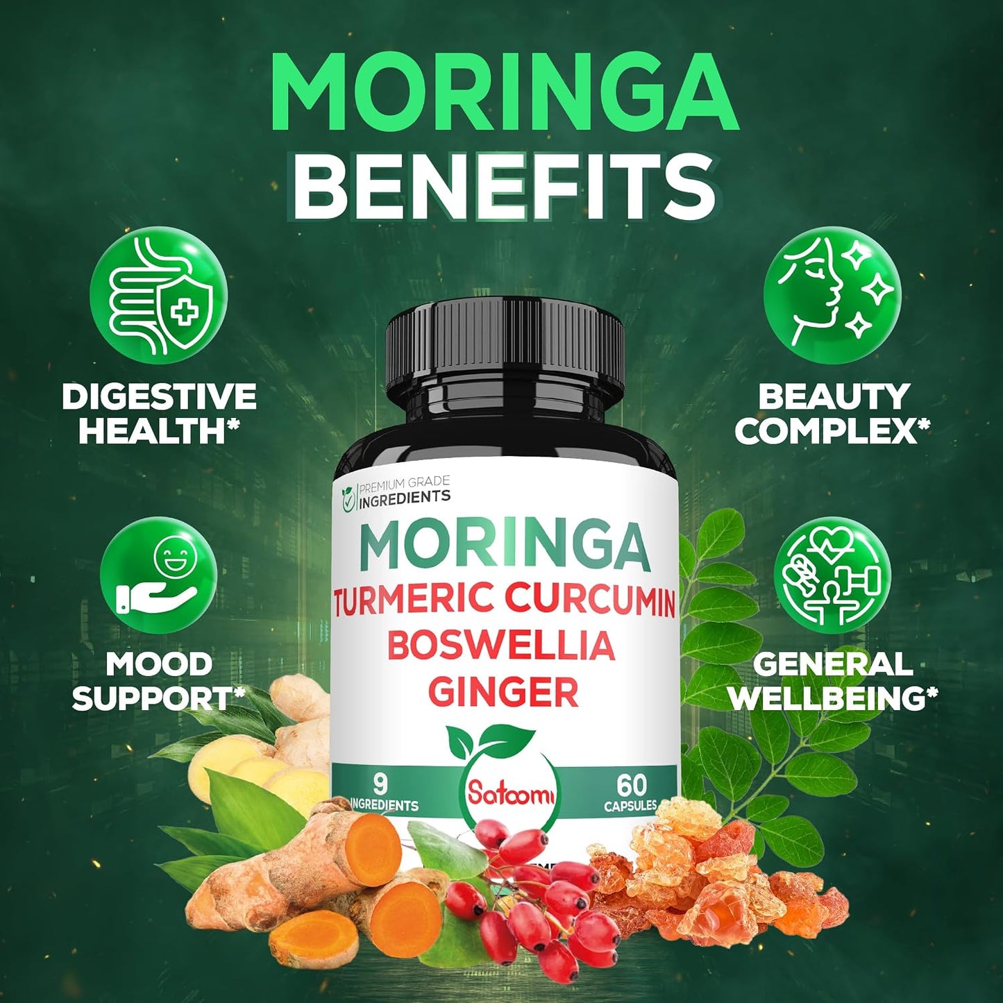 Satoomi 9in1 Moringa Capsules – Featuring Moringa, Turmeric, Boswellia, Ginger, Ashwagandha, Ceylon Cinnamon, Berberine, Milk Thistle & Resveratrol | 60 Count - görsel 5