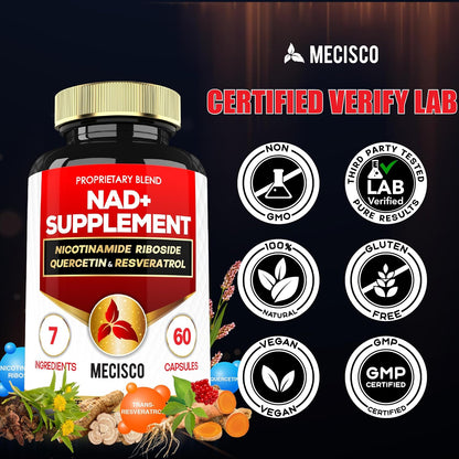 Mecisco NAD+ Supplement with Nicotinamide Riboside with Quercetin, Resveratrol, Turmeric, Rhodiola Rosea, Astragalus – 60 Capsules