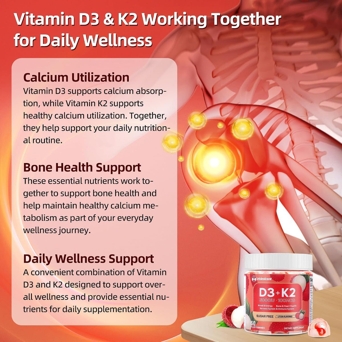 IRIDESICENT Vitamin D3 K2 Gummies - Sugar Free, Vegan, 5,000 IU D3 + 100 mcg K2 (MK-7) for Bone & Immune Support, Lychee Flavour (60 Count) - görsel 3