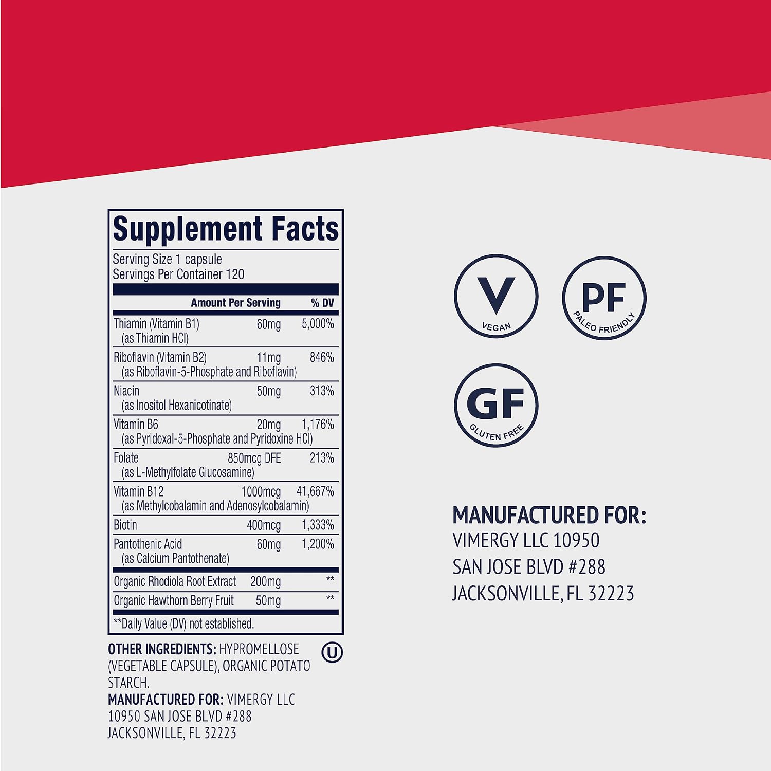 Vimergy Adapto B Complex - High Potency B Vitamins with Rhodiola & Hawthorn Berry - 120 Servings - görsel 4