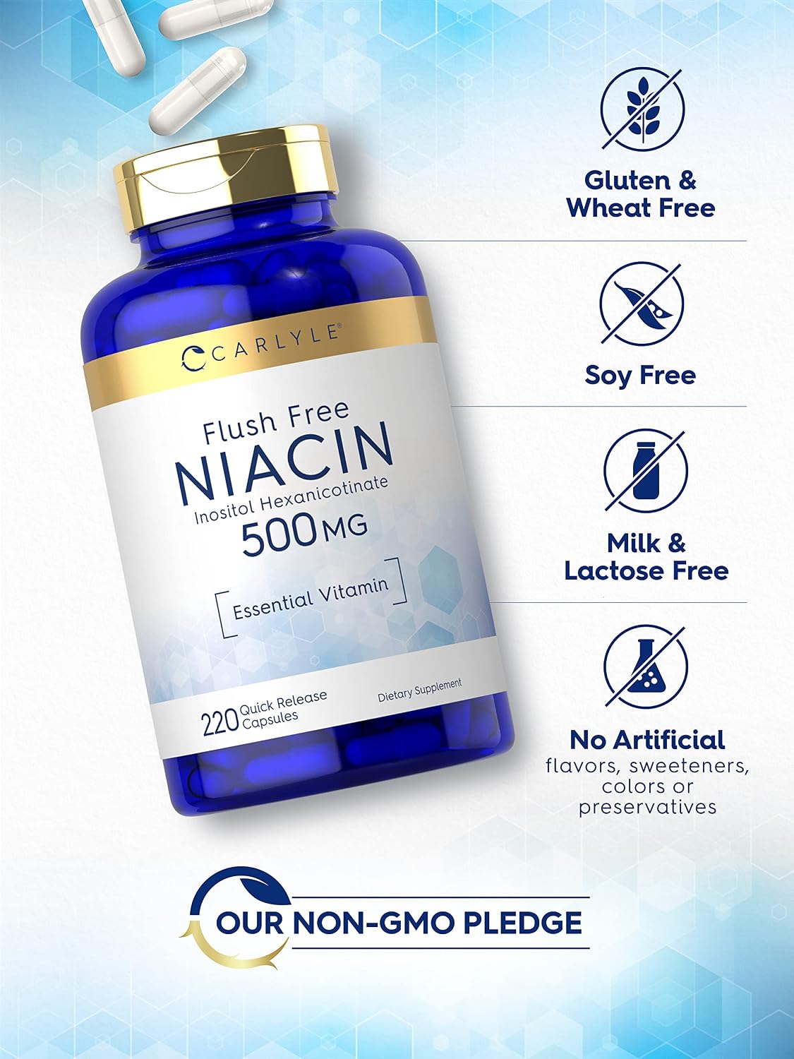 Carlyle Niacin Flush-Free 500mg | 220 Capsules | Non-GMO and Gluten-free Supplement - görsel 4