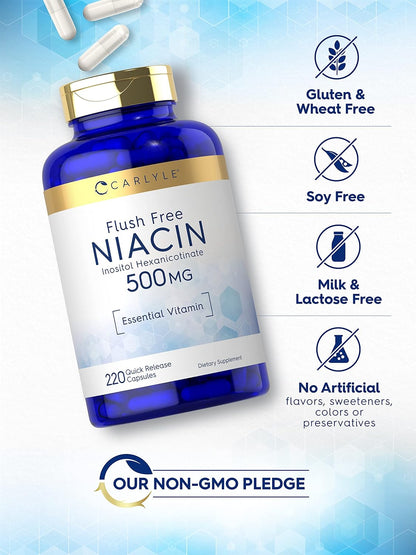Carlyle Niacin Flush-Free 500mg | 220 Capsules | Non-GMO and Gluten-free Supplement
