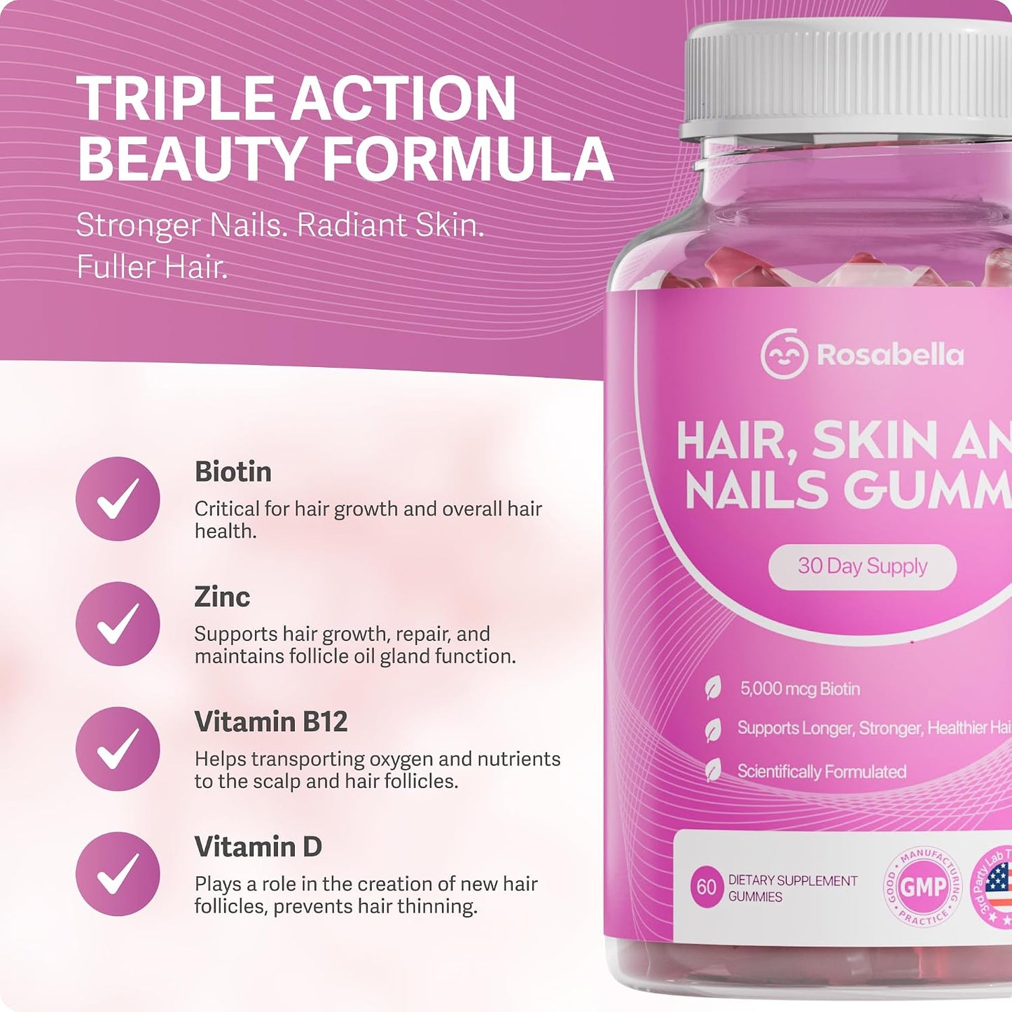 Rosabella Biotin Gummies – 5000mcg Food Supplement for Hair, Skin and Nails - görsel 3