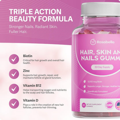 Rosabella Biotin Gummies – 5000mcg Food Supplement for Hair, Skin and Nails