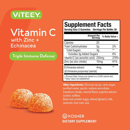 Viteey Vitamin C Gummies for Adults & Teens with Zinc & Echinacea – 120 Count | Immune Support Gummies