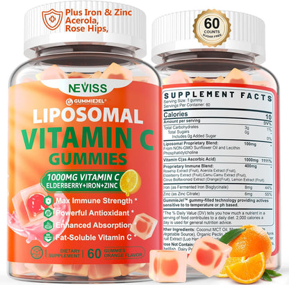 NEVISS Liposomal Vitamin C 1000mg Gummies with Elderberry, Zinc and Iron