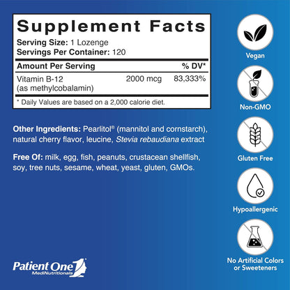 Patient One Vitamin B12 2000mcg Lozenges - Methylcobalamin, 120 Count