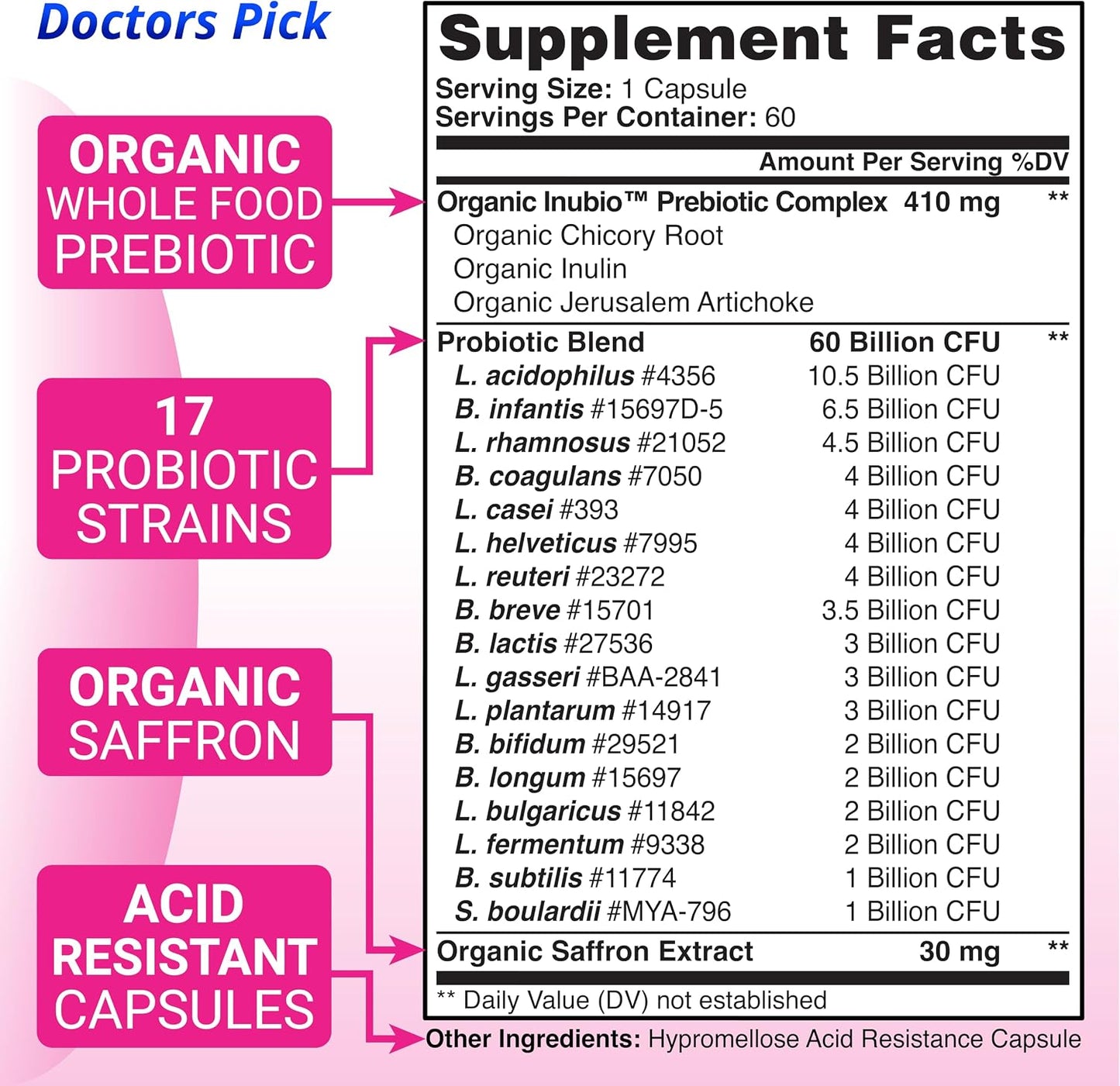Doctors Pick Fem Pro Probiotics for Women. 17 Clinically Effective Strains for Vaginal, Digestive & Immune Support, Urinary Tract Health, pH Balance and Mood. 60 Veggie Capsules, 2 Month Supply - görsel 3