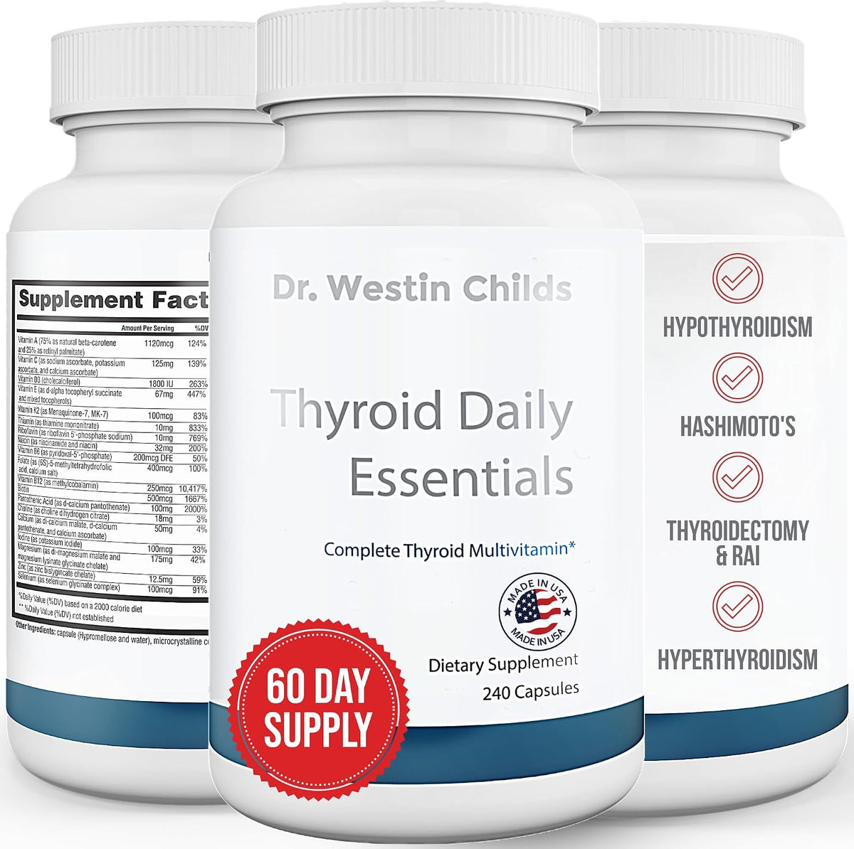Dr. Westin Childs - Thyroid Daily Essentials - Multivitamin for Women & Men with Immune & Stress Support - Iodine, Zinc, Selenium, Fulvic Acid, Activated B Vitamins, K2, L-Tyrosine, Rhodiola - 240 Capsules - görsel 1