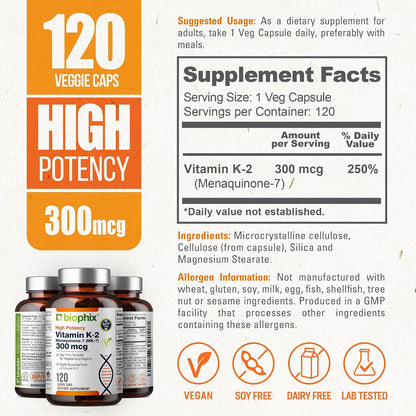 biophix Vitamin K2 MK-7 300mcg, 120 Vegan Capsules – High-Strength Supplement for Bone Strength and Immune Health
