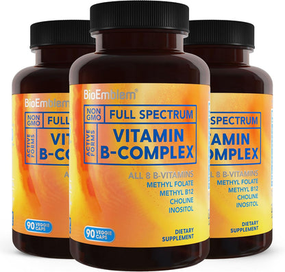 BioEmblem B Complex Vitamins | Complete B-Vitamin Formula with Active Methylated Forms | Supports Energy, Mental Clarity & Immune Health | Non-GMO, Vegan, Soya-Free, Gluten-free | 270 Capsules
