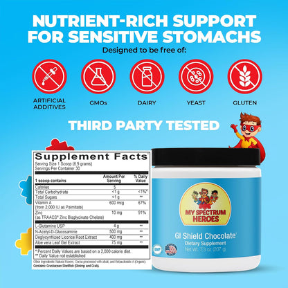 My Spectrum Heroes GI Shield Supplement – Supports Gut Barrier Health & Integrity, Brain-Gut Connection – Chocolate, 30 Servings