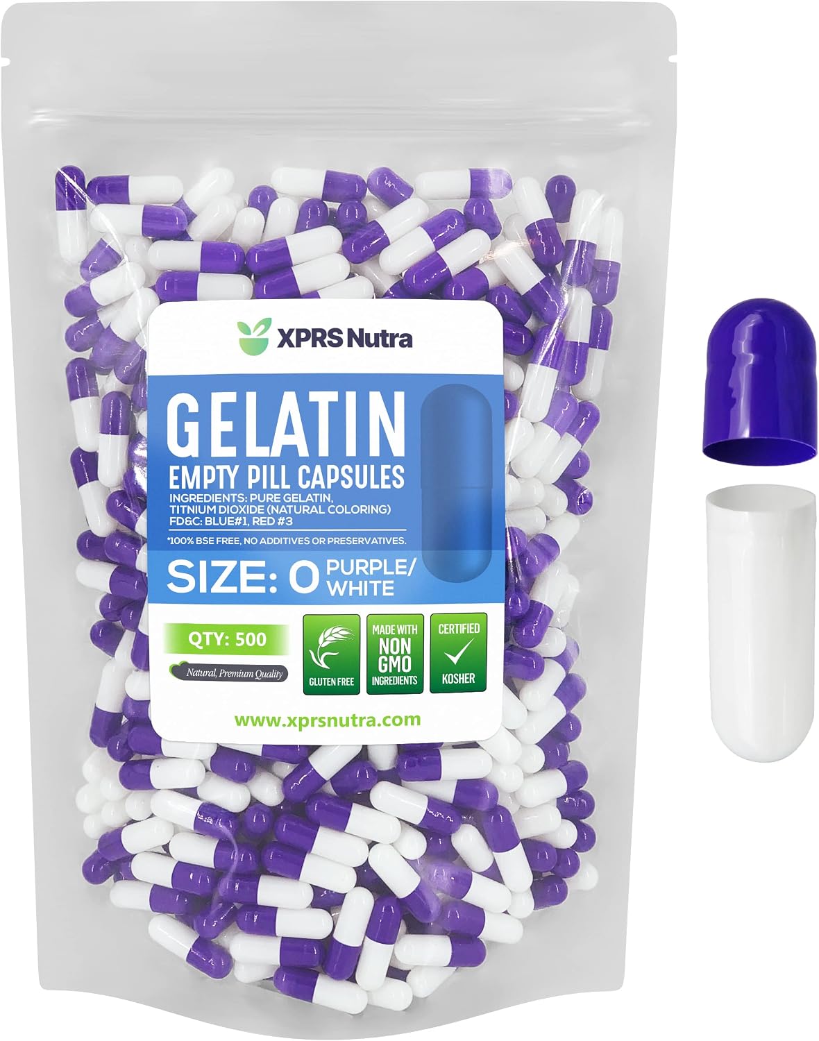 XPRS Nutra Size 0 Empty Gelatine Capsules - 500 Count - DIY Capsule Filling (Purple/White) - görsel 1