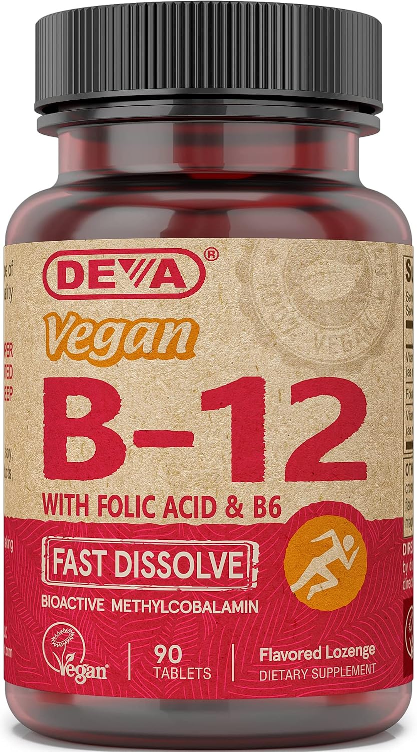 Deva Vegan Vitamin B12 Fast Dissolve Supplement – 1000 mcg Methylcobalamin with B6 & Folic Acid – Lemon Flavour – 90 Lozenges - görsel 1