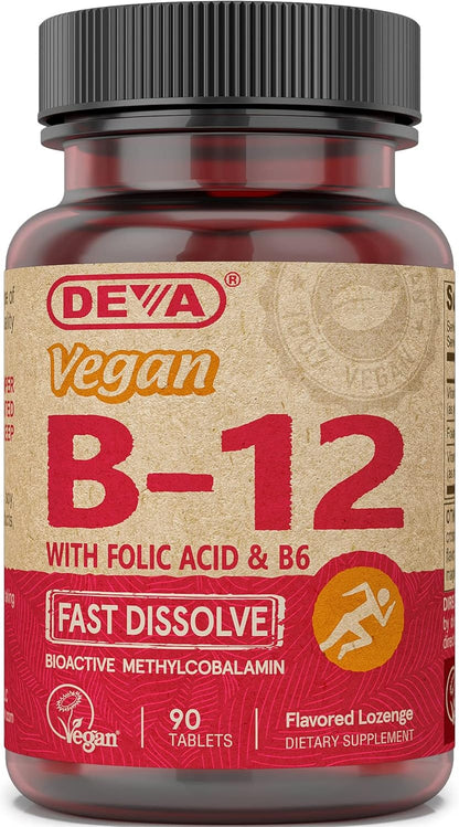 Deva Vegan Vitamin B12 Fast Dissolve - Methylcobalamin 1000 µg with B6 and Folic Acid - Lemon Flavour - 90 Tablets