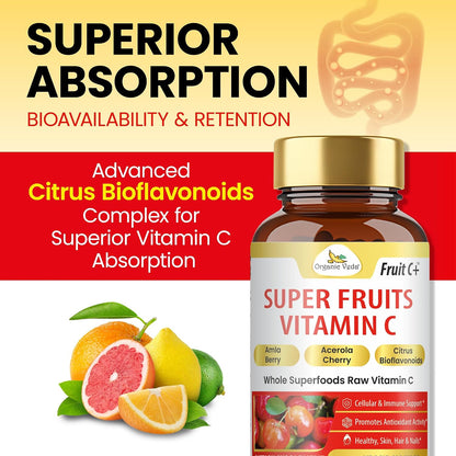 Organic Veda Super Fruits Vitamin C Food Supplement - Amla Fruit & Acerola Vitamin C Capsules with Bioflavonoids for Daily Immune System Support - Organic Whole Food Fruit C+ Antioxidant Complex, 120 Vegan Capsules