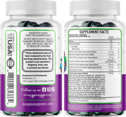 EasyPeasyGreens Daily Veggie Gummies for Kids - 60 Greens Gummies - Vegan Multivitamin with 10 Real Vegetable Extracts