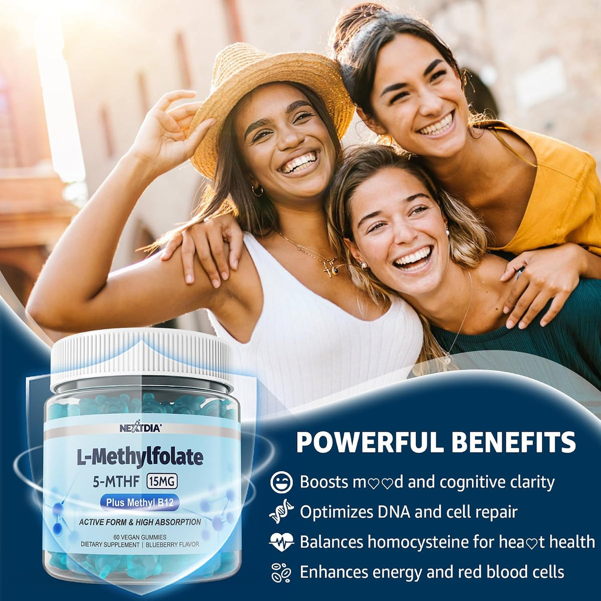 L-MethylFolate 15mg & Methyl B12 Gummies, Methylated B Complex - Active 5-MTHF, Vegan, 60 Count - görsel 4