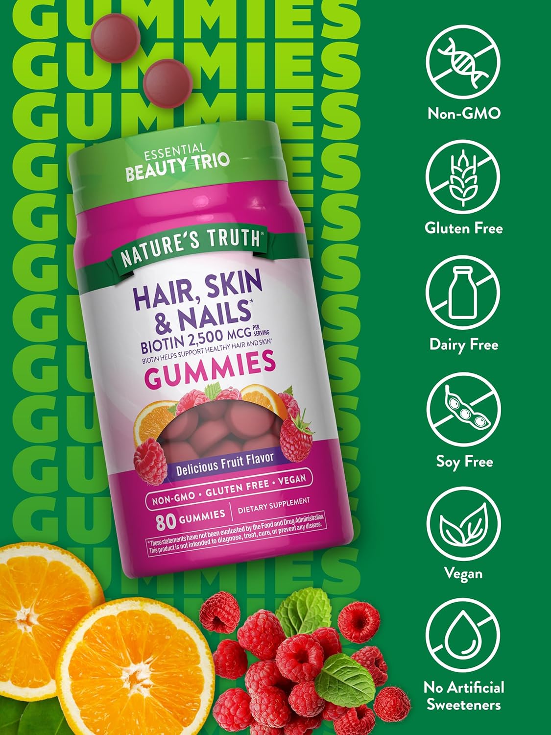 Nature's Truth Hair Skin and Nails Gummies – 80 Gummies – 2500mcg Biotin – Vegan, Non-GMO, Gluten-free - görsel 3