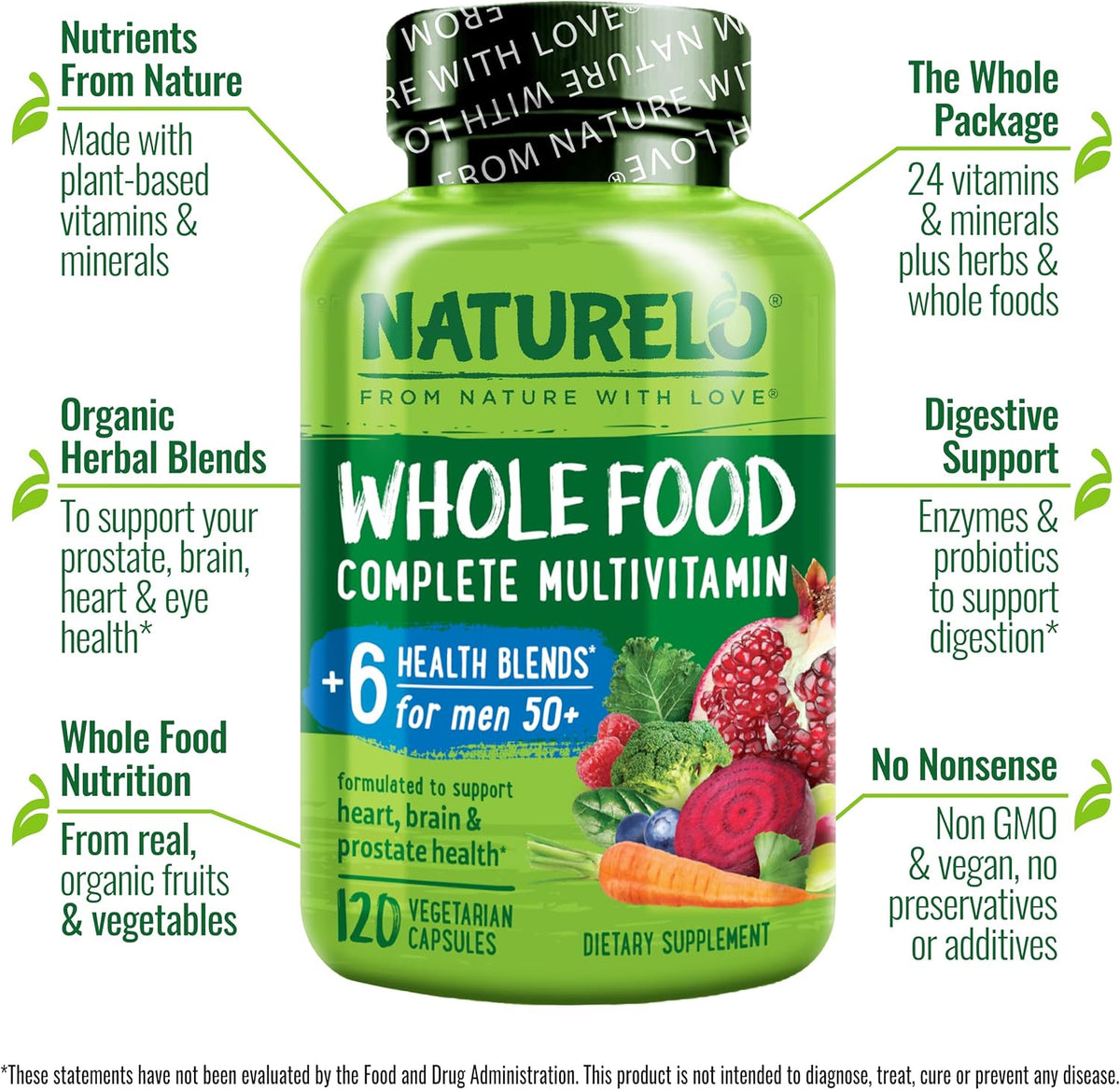 NATURELO Whole Food Multivitamin for Men 50+ - with Vitamins, Minerals, Organic Herbal Extracts - Vegan Vegetarian - for Energy, Brain, Heart and Eye Health - 120 Capsules - görsel 2