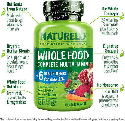 NATURELO Whole Food Multivitamin for Men 50+ - with Vitamins, Minerals, Organic Herbal Extracts - Vegan Vegetarian - for Energy, Brain, Heart and Eye Health - 120 Capsules