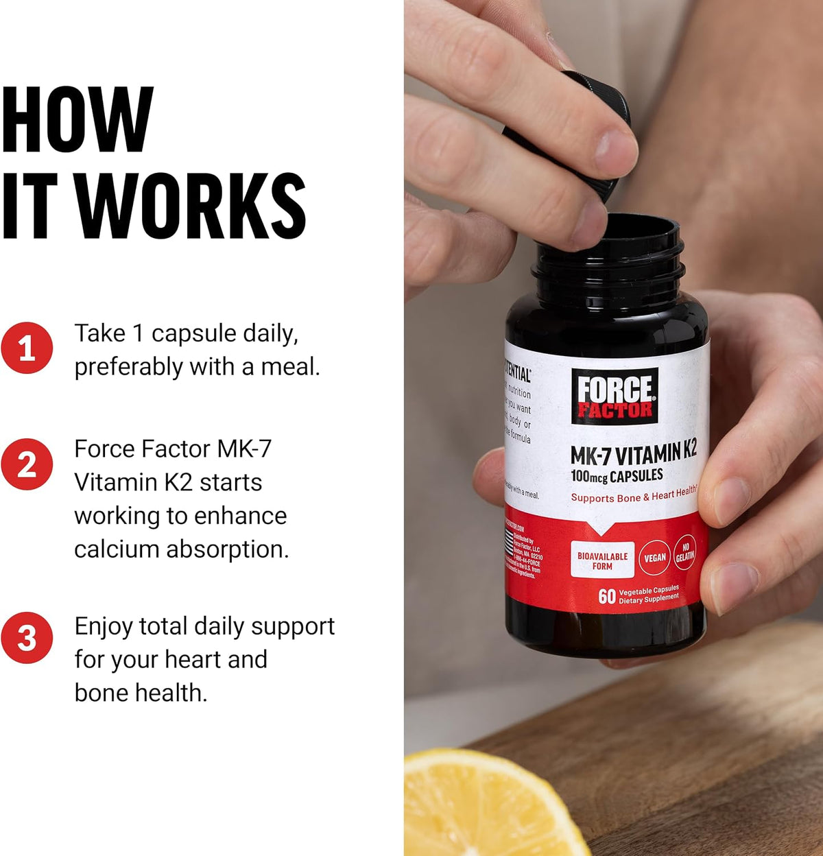 Force Factor MK-7 Vitamin K2 100mcg, Bone Support, Heart Health, Bio-available, Vegan, Non-GMO, 60 Vegetable Capsules - görsel 4