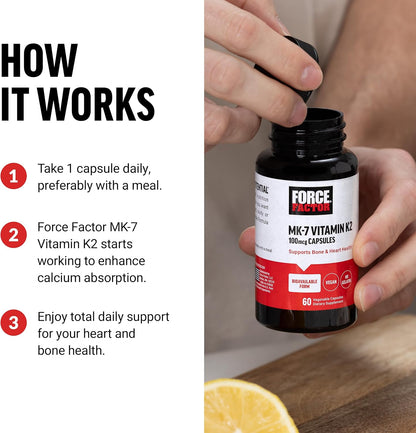 Force Factor MK-7 Vitamin K2 100mcg, Bone Support, Heart Health, Bio-available, Vegan, Non-GMO, 60 Vegetable Capsules