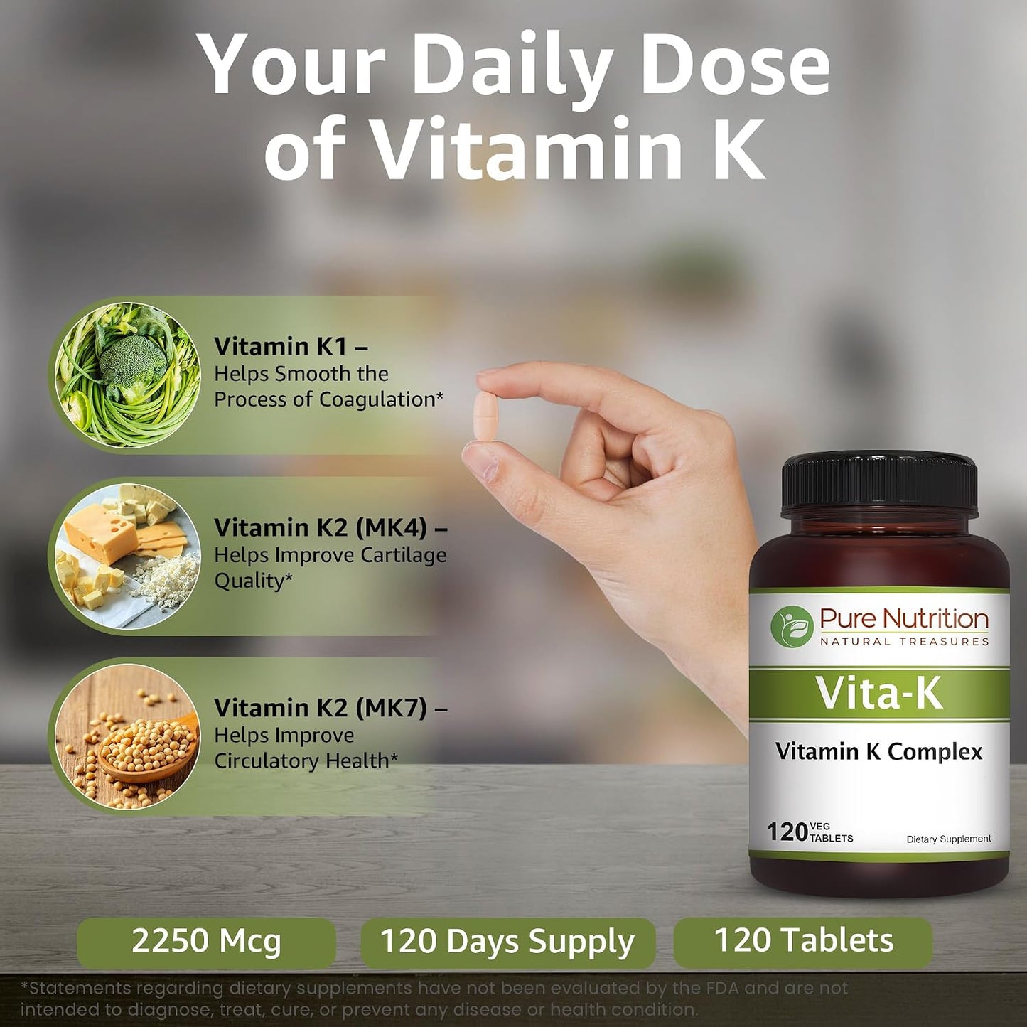 Pure Nutrition Vitamin K Complex K1 + K2, 2250 mcg, 120 Veg Tablets - görsel 4