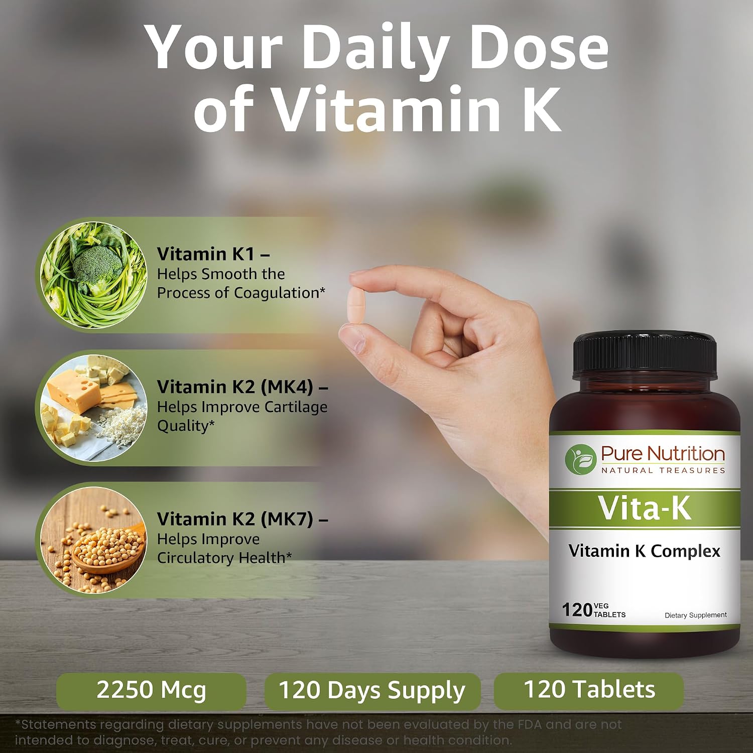 Pure Nutrition Vitamin K Complex K1 + K2, 2250 mcg, 120 Veg Tablets - görsel 4