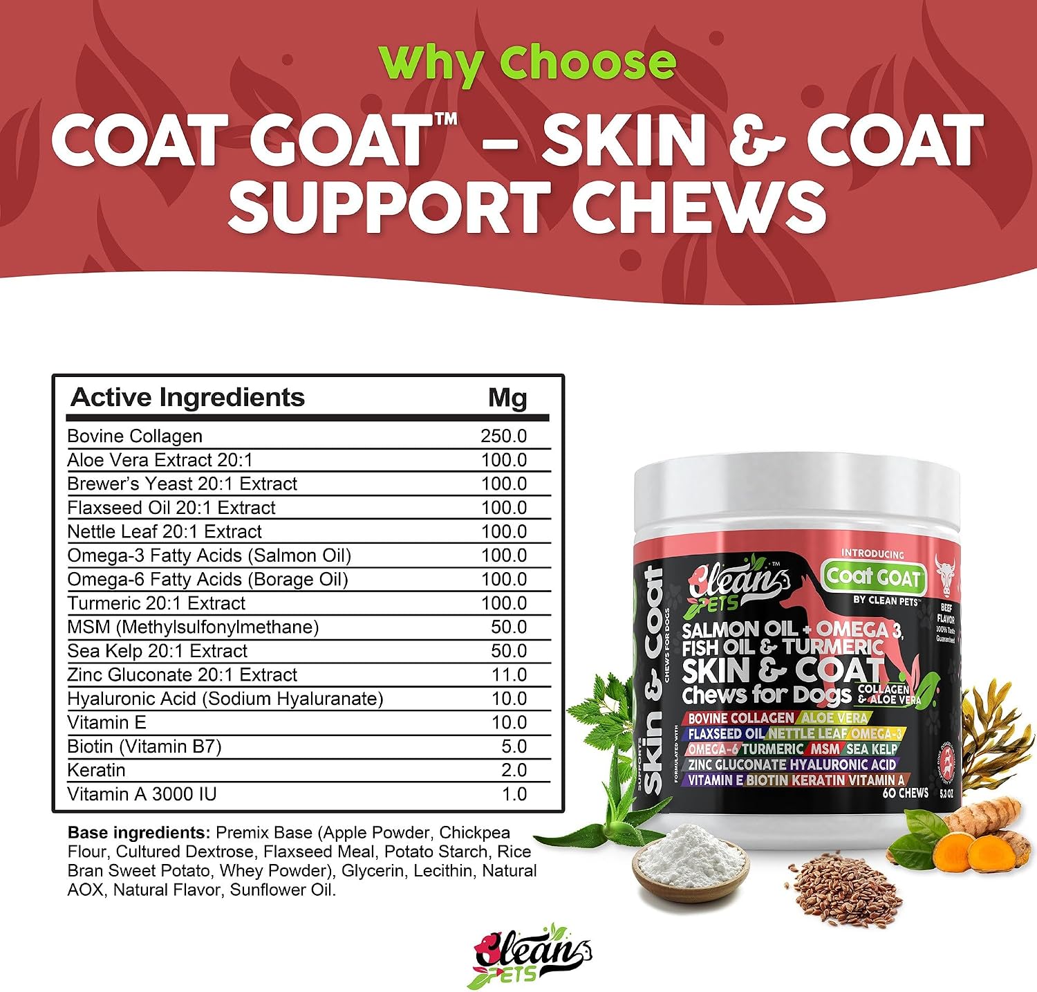 Clean Pets Salmon Oil Omega-3 Fish Oil for Dogs Skin and Coat Supplement | Dog Collagen Aloe Vera Biotin Keratin Flaxseed Nettle Leaf Sea Kelp Hyaluronic Acid Brewer's Yeast Vitamin A - Coat Goat - görsel 5