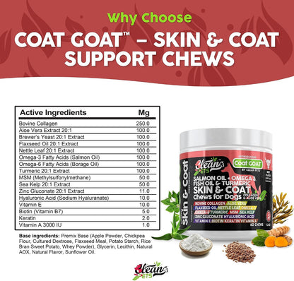 Clean Pets Salmon Oil Omega-3 Fish Oil for Dogs Skin and Coat Supplement | Dog Collagen Aloe Vera Biotin Keratin Flaxseed Nettle Leaf Sea Kelp Hyaluronic Acid Brewer's Yeast Vitamin A - Coat Goat