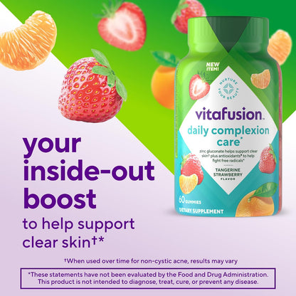 vitafusion Daily Complexion Care Gummies, Beauty Supplement for Clear Skin Support with Zinc Gluconate, Vitamins E & C, Tangerine Strawberry Flavour, 60 Count